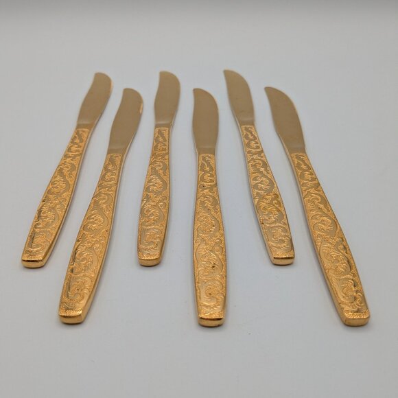 Americana Golden Heritage Flatware Golden Scroll 6 Dinner Knives 8"  - Vintage - Picture 3 of 12